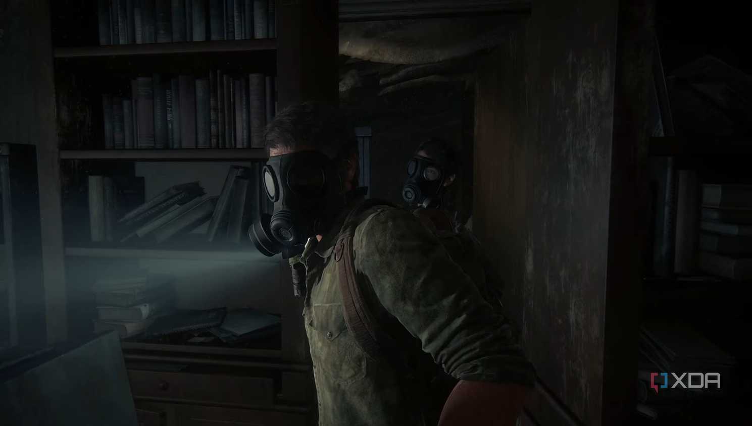 Joel and Tess wearing gas masks in The Last of Us Part 1.