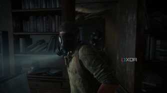 Joel and Tess wearing gas masks in The Last of Us Part 1.