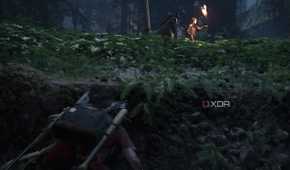 Ellie hiding from Seraphites with flaming torches in The Last of Us Part II.