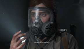 Ellie looking scared after her gas mask breaks in The Last of Us Part II.