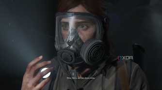 Ellie looking scared after her gas mask breaks in The Last of Us Part II.