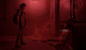 Ellie standing over Nora in a dark, red-lit hallway in The Last of Us Part II.