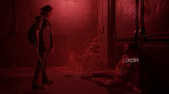 Ellie standing over Nora in a dark, red-lit hallway in The Last of Us Part II.
