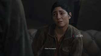 An image from the game The Last of Us Part II Remastered on PC, showing Dina crying while telling Ellie that she's pregnant.