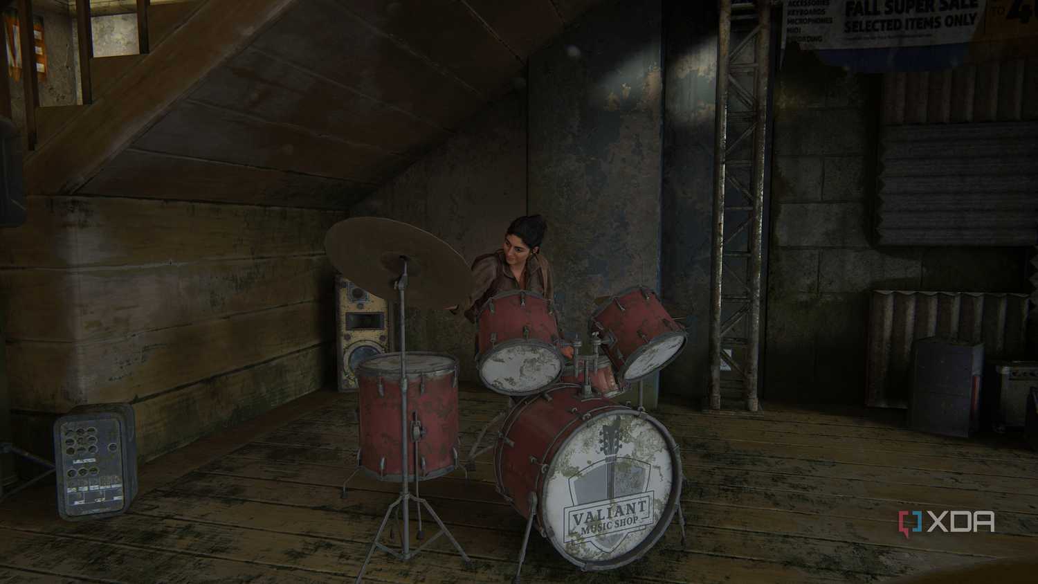 An image from the game The Last of Us Part II Remastered on PC, showing Dina playing the drums in a music shop.