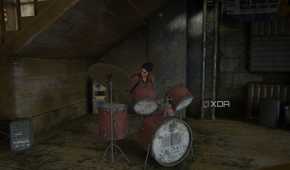 An image from the game The Last of Us Part II Remastered on PC, showing Dina playing the drums in a music shop.