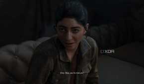 An image from the game The Last of Us Part II Remastered on PC, showing Dina scoffing at Ellie.