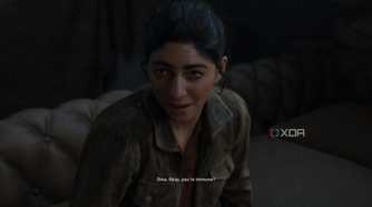An image from the game The Last of Us Part II Remastered on PC, showing Dina scoffing at Ellie.