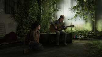 Ellie playing the guitar while Dina sits on the floor, listening.
