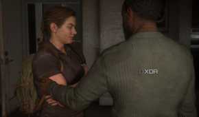 An image from the game The Last of Us Part II Remastered on PC, showing Isaac touching Abby's arm.