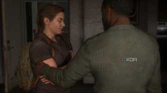 An image from the game The Last of Us Part II Remastered on PC, showing Isaac touching Abby's arm.