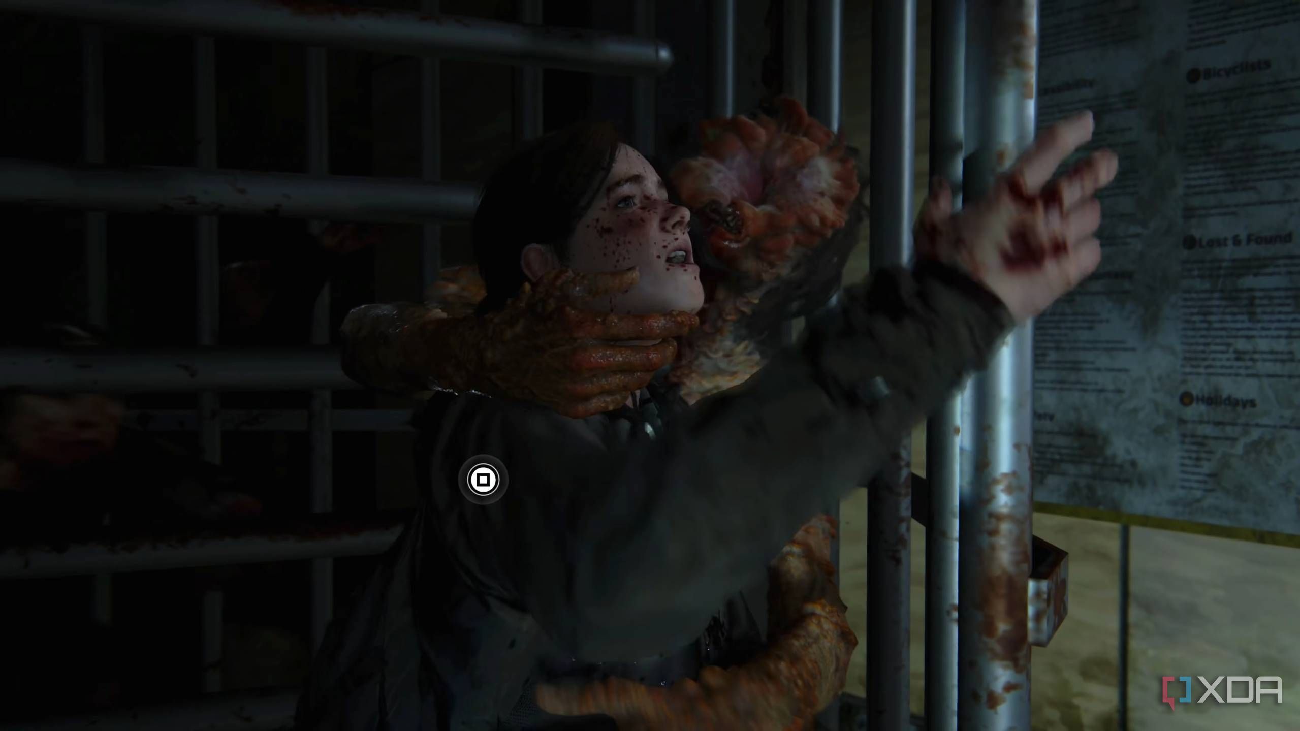 An image from the game The Last of Us Part II Remastered on PC, showing a clicker attacking Ellie through a revolving gate.