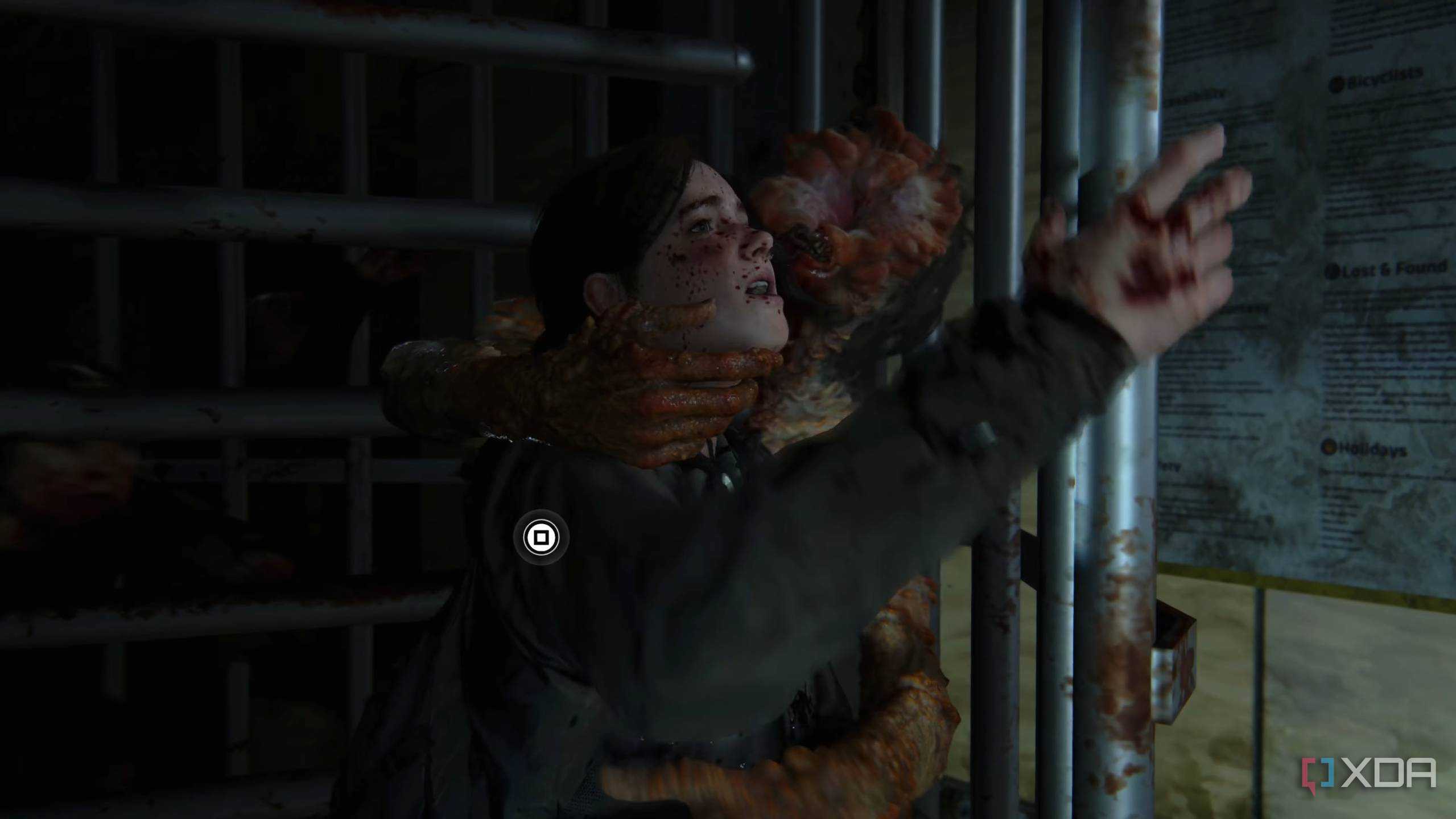 An image from the game The Last of Us Part II Remastered on PC, showing a clicker attacking Ellie through a revolving gate.