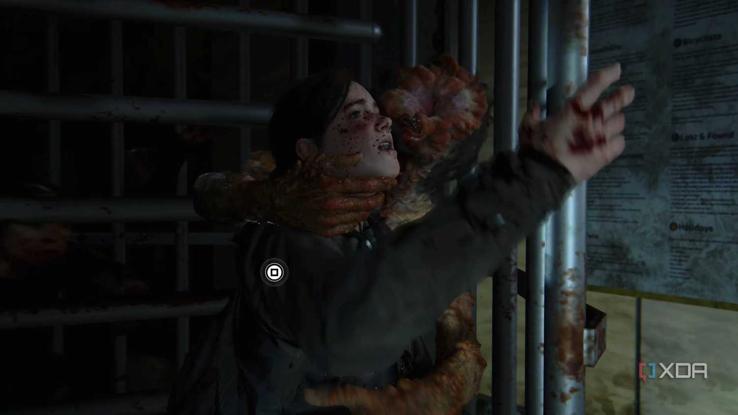 An image from the game The Last of Us Part II Remastered on PC, showing a clicker attacking Ellie through a revolving gate.
