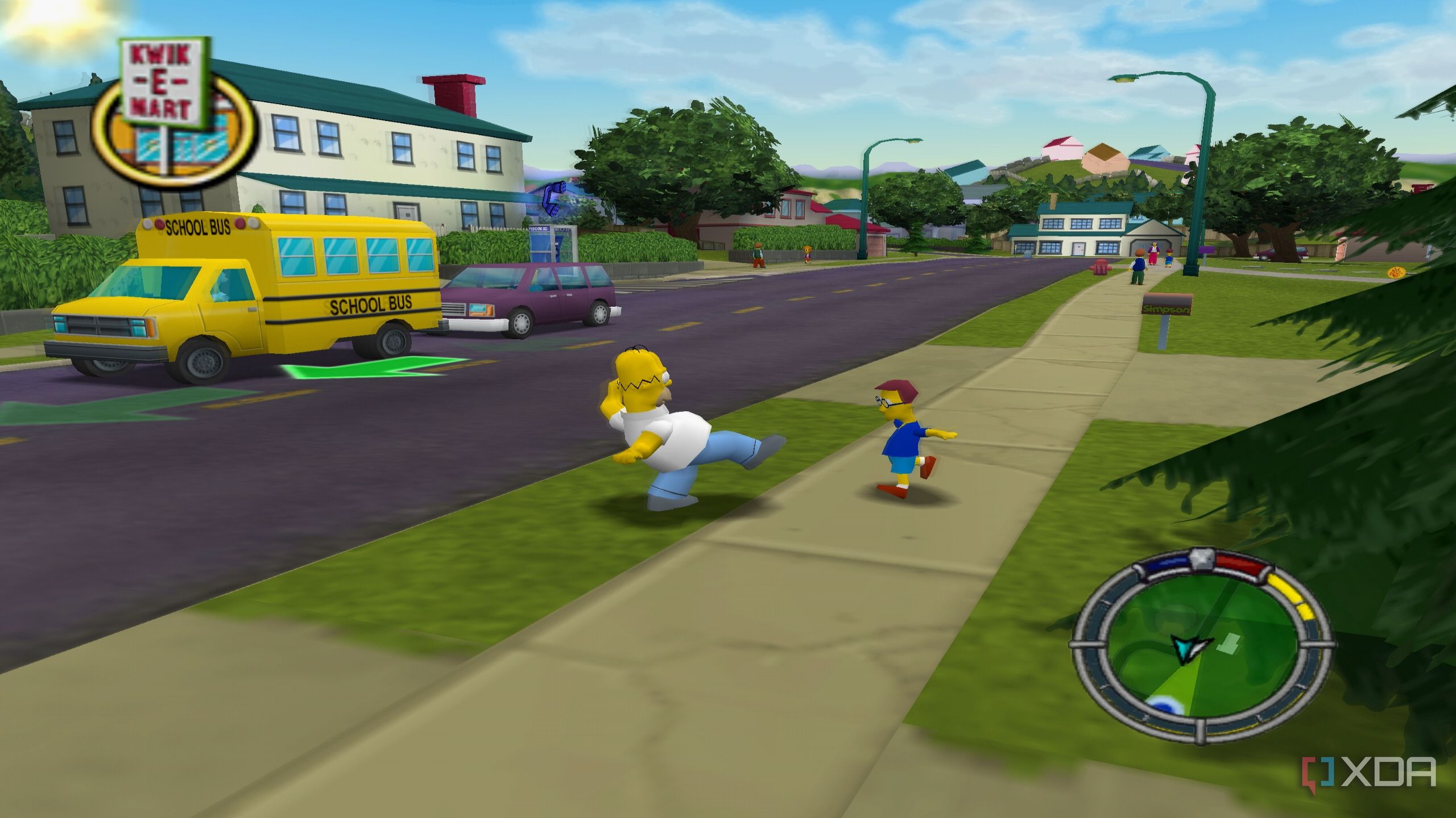 Homer Simpson kicking a kid in The Simpsons: Hit & Run.