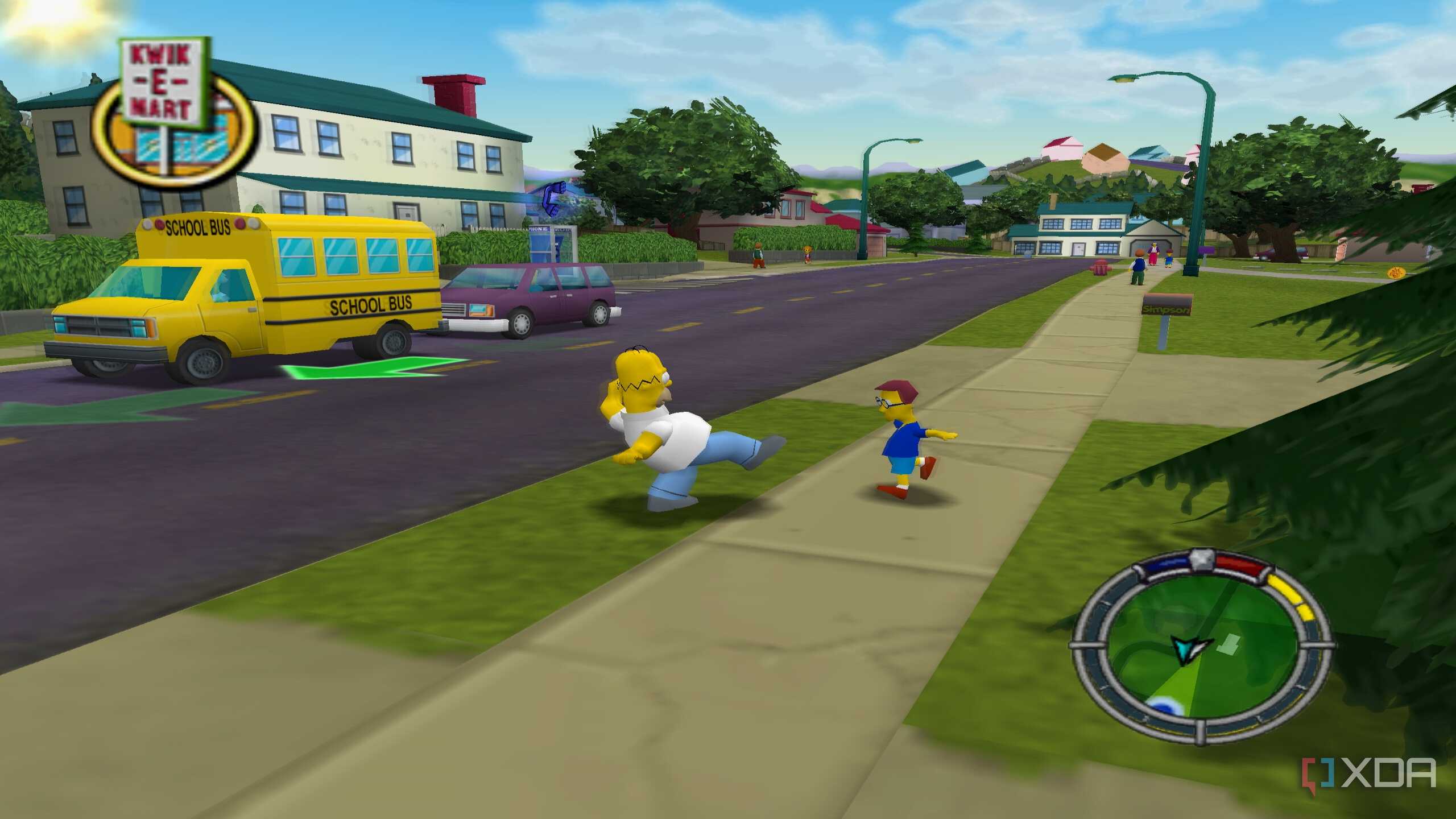 Homer Simpson kicking a kid in The Simpsons: Hit & Run.