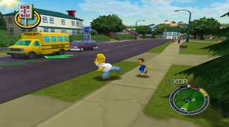 Homer Simpson kicking a kid in The Simpsons: Hit & Run.