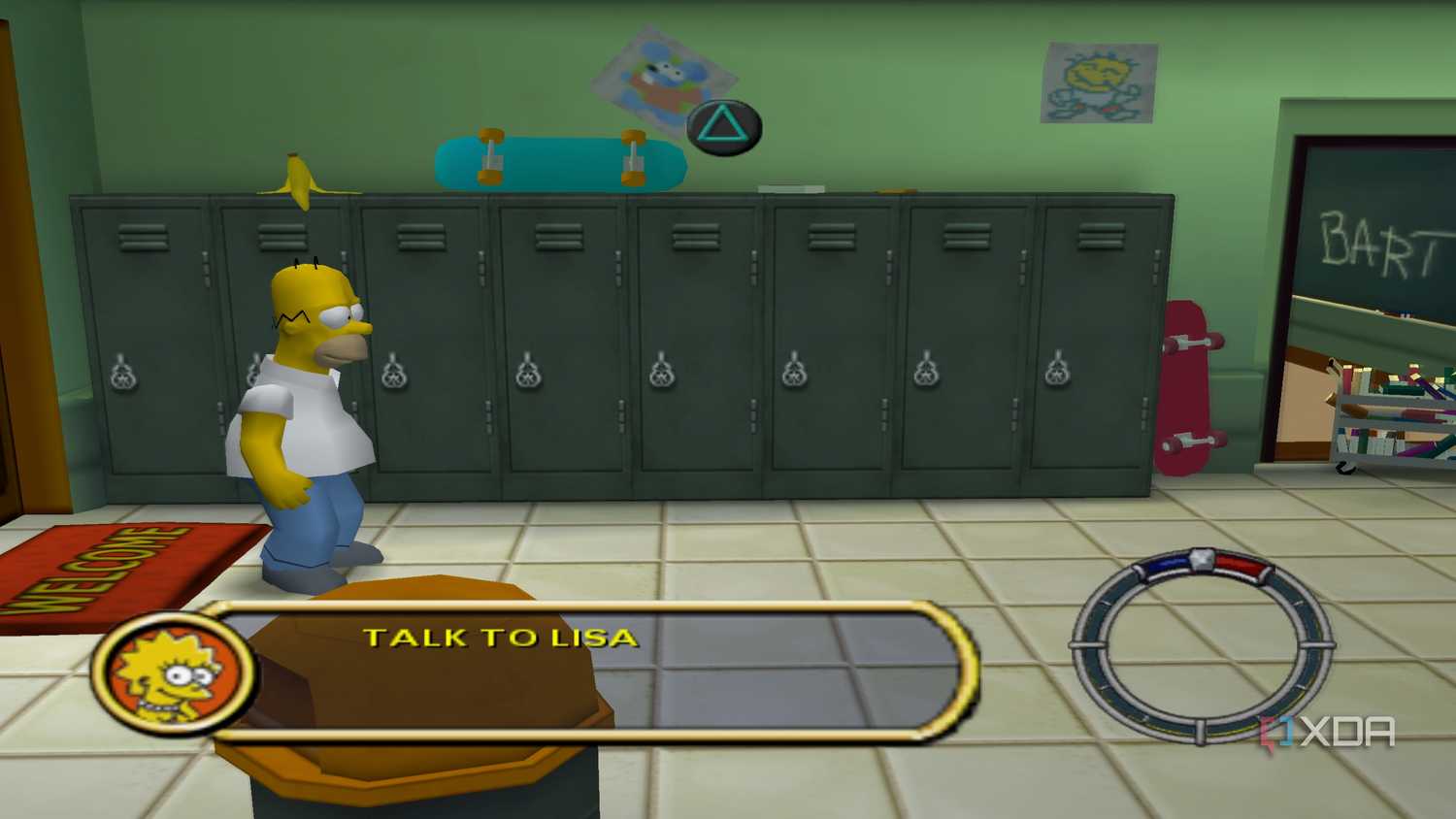 Homer Simpson standing in a school hallway in The Simpsons: Hit & Run.