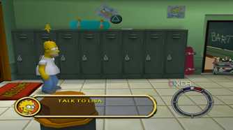 Homer Simpson standing in a school hallway in The Simpsons: Hit & Run.