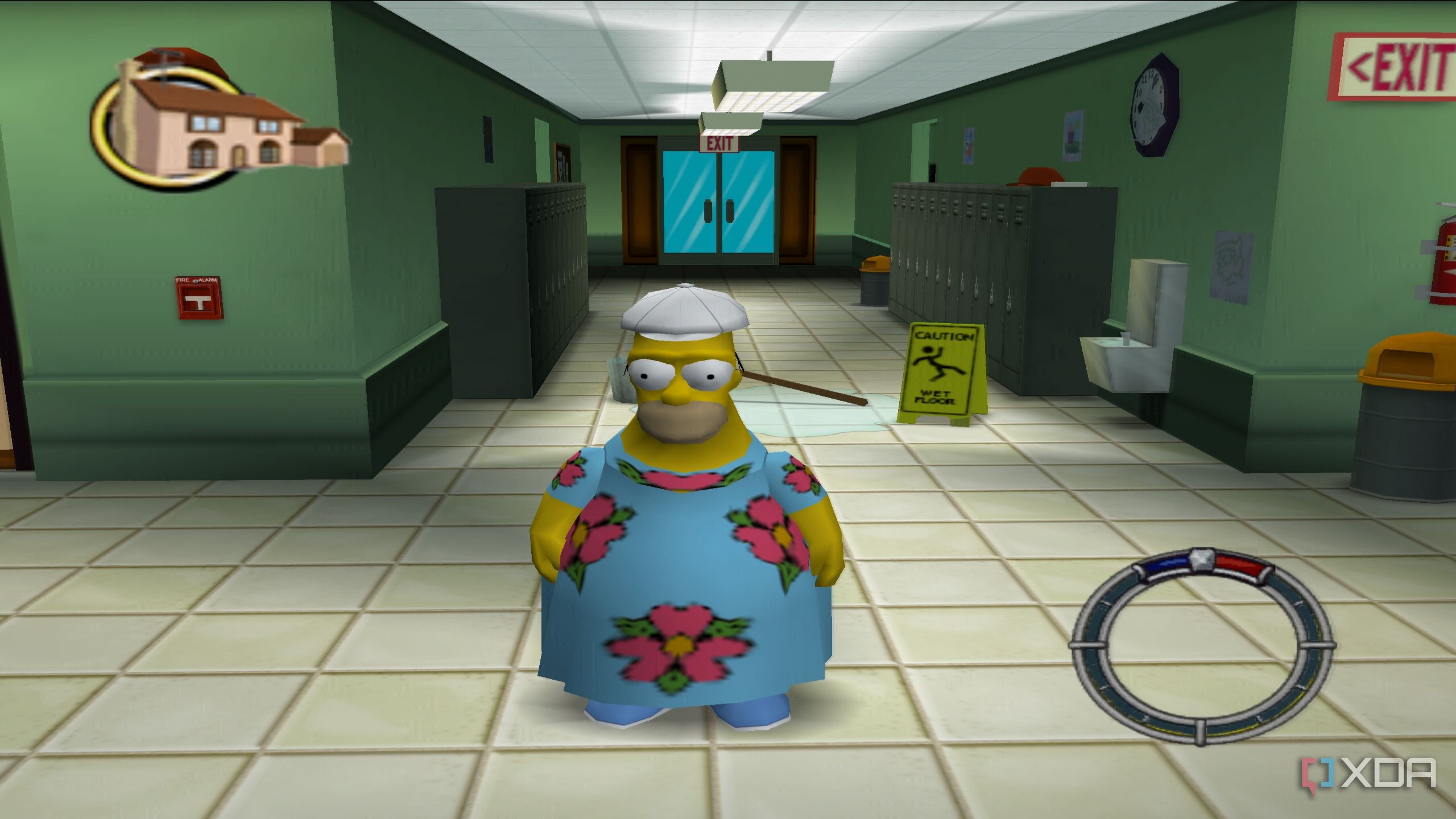 Homer wearing a flowery muumuu in The Simpsons: Hit & Run.