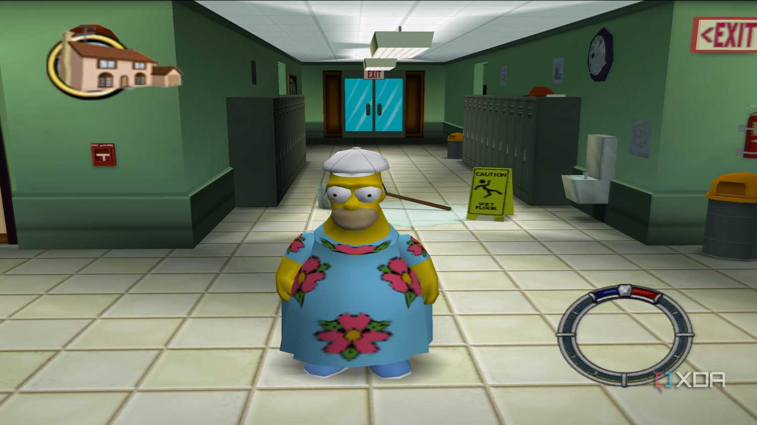 Homer wearing a flowery muumuu in The Simpsons: Hit & Run.