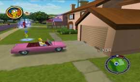 Homer parking his car outside his house in The Simpsons: Hit & Run while Marge walks by.