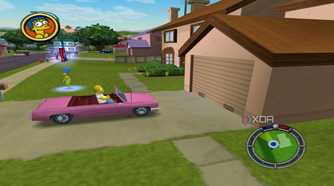 Homer parking his car outside his house in The Simpsons: Hit & Run while Marge walks by.