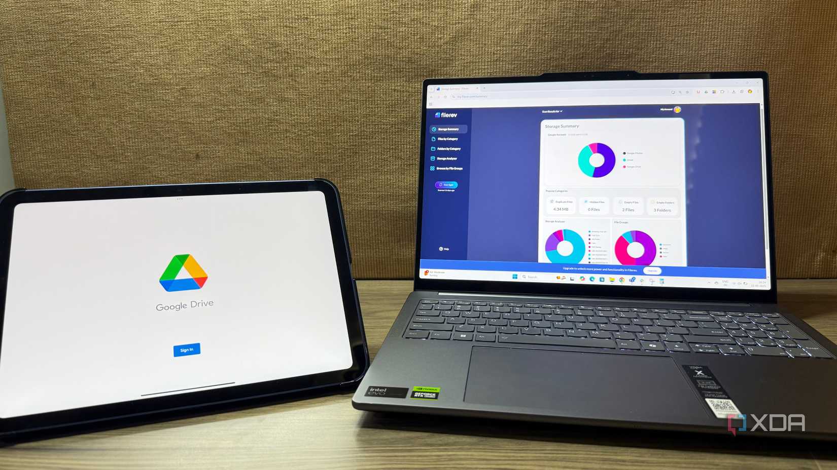 Laptop and iPad showing Google Drive and a tool that keeps drive organized