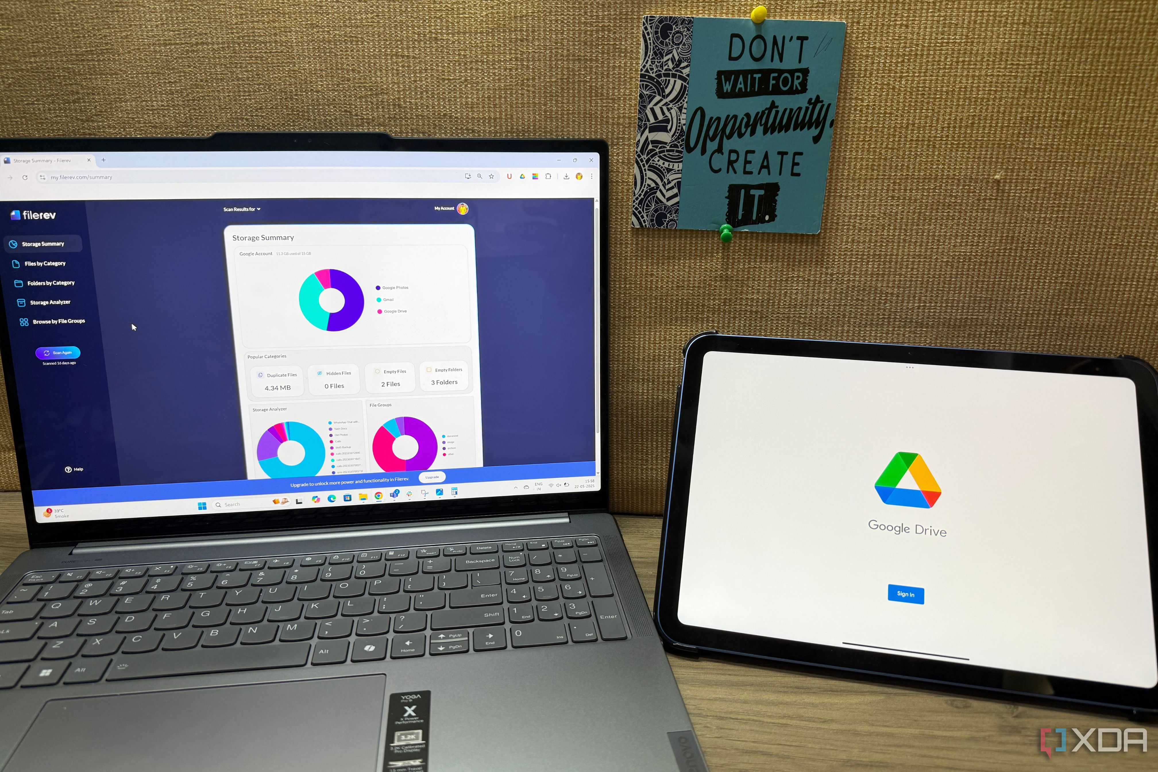 Laptop and iPad on the table showing Google Drive and a tool to keep drive organized