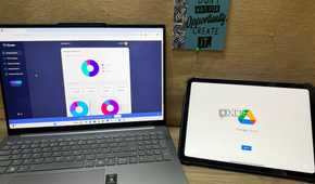 Laptop and iPad on the table showing Google Drive and a tool to keep drive organized