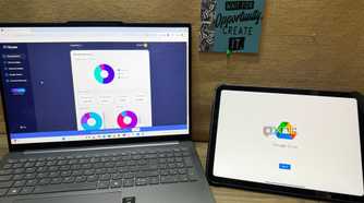 Laptop and iPad on the table showing Google Drive and a tool to keep drive organized
