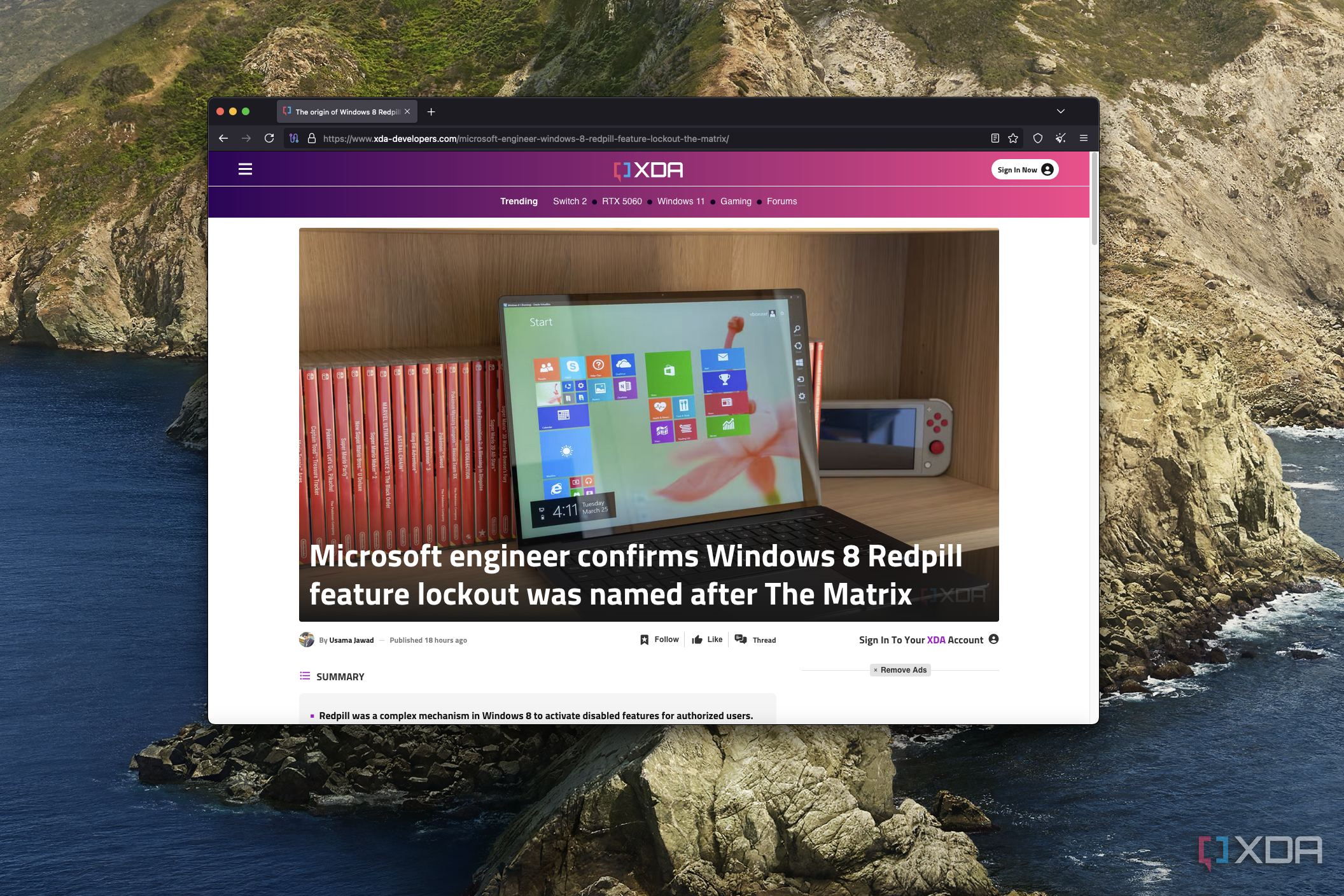Screenshot of Tor browser on macOS showing an XDA article