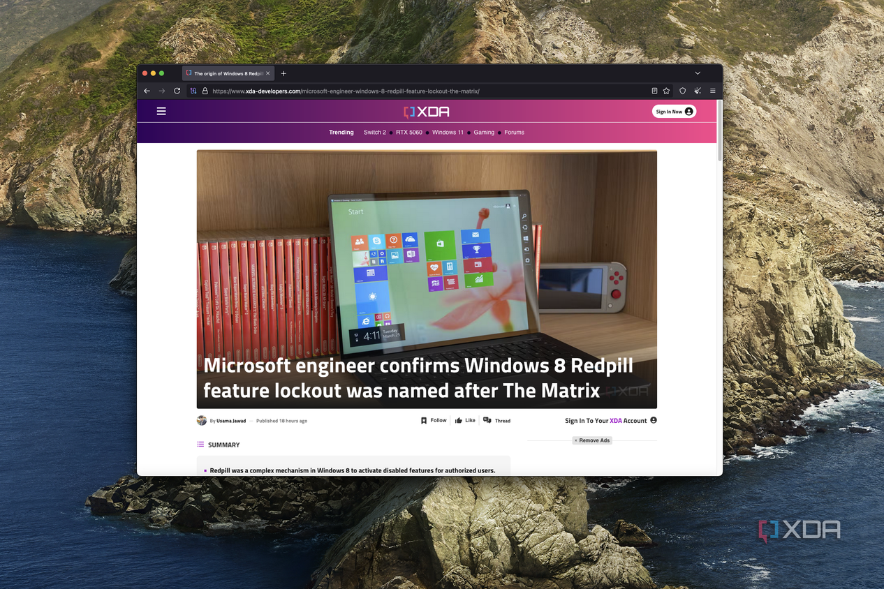 Screenshot of Tor browser on macOS showing an XDA article