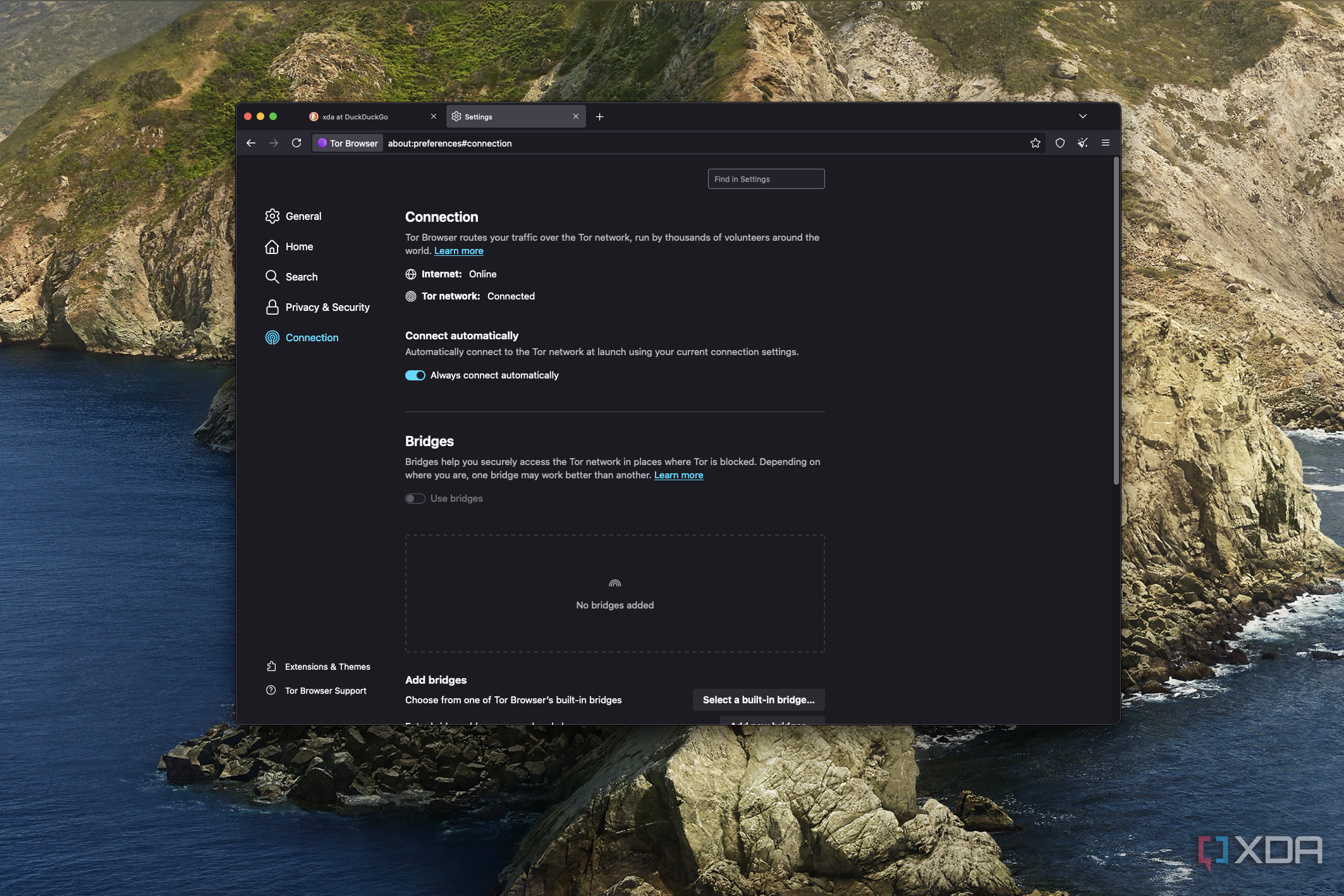 Screenshot of Tor connection settings in the Tor browser