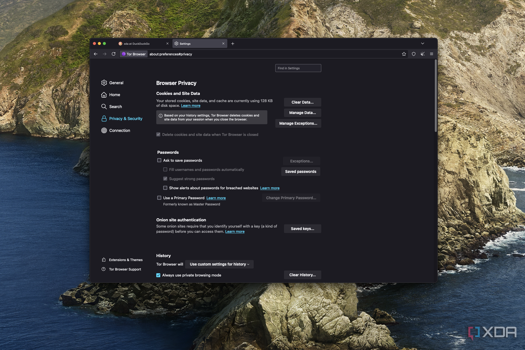 Screenshot of privacy and security settings in Tor browser for macOS