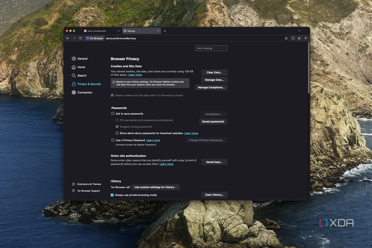 Screenshot of privacy and security settings in Tor browser for macOS