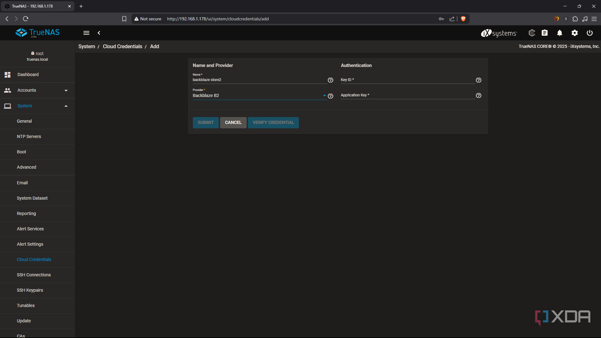 TrueNAS add Backblaze credential