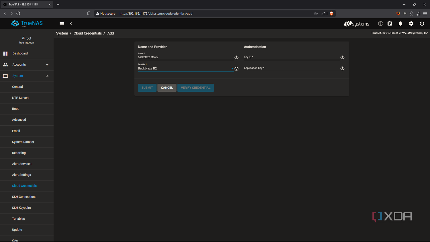 TrueNAS add Backblaze credential