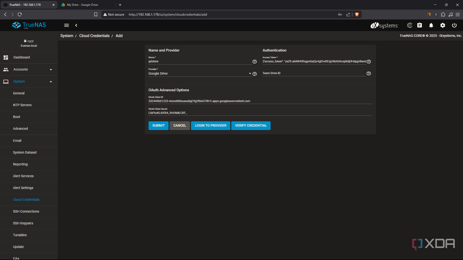 TrueNAS add Google Drive credential