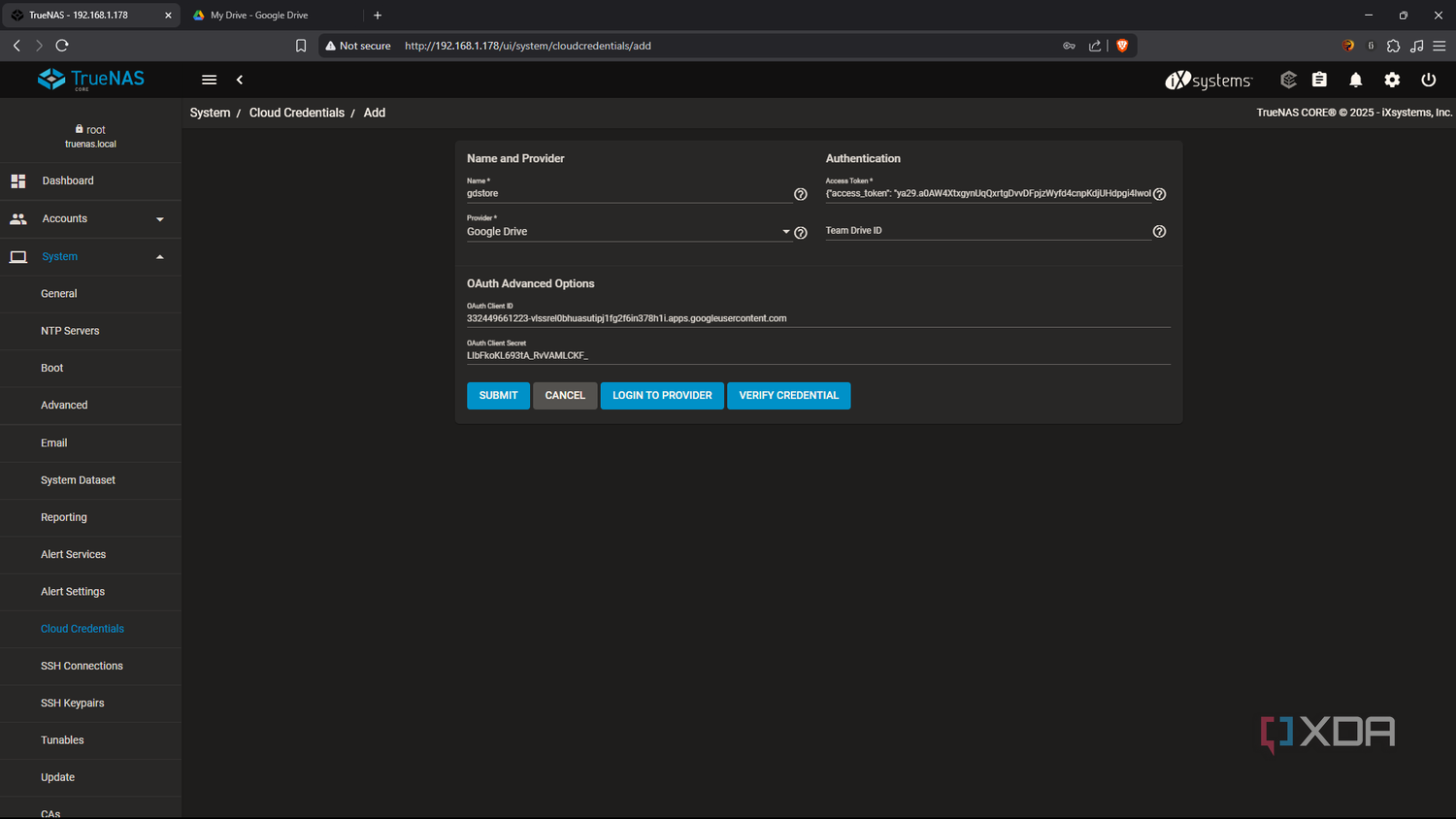 TrueNAS add Google Drive credential