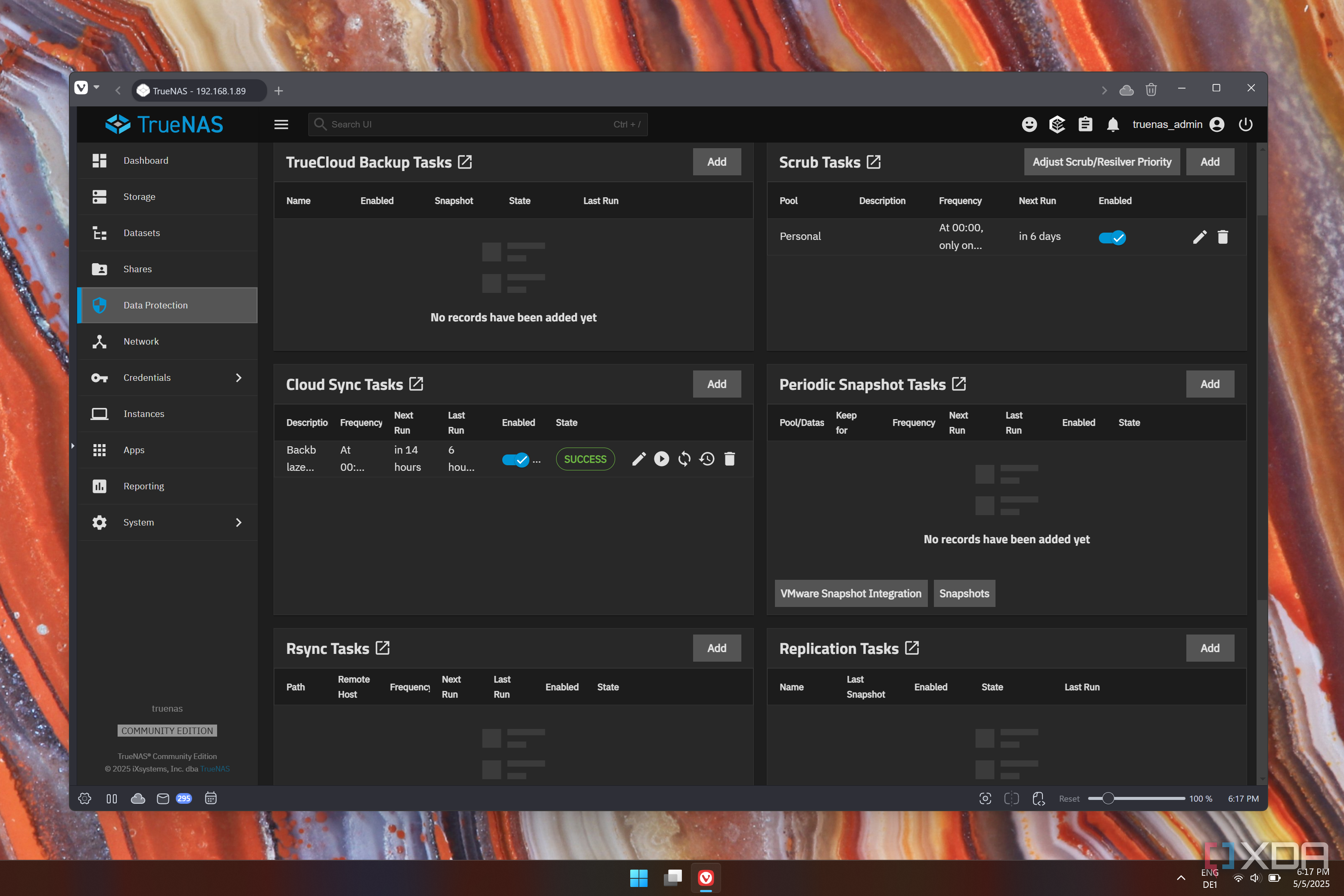 Screenshot of TrueNAS data protection settings showing a Cloud Sync Task is enabled