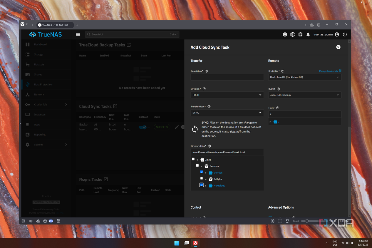 Screenshot of TrueNAS showing the creation process of a Cloud Sync task