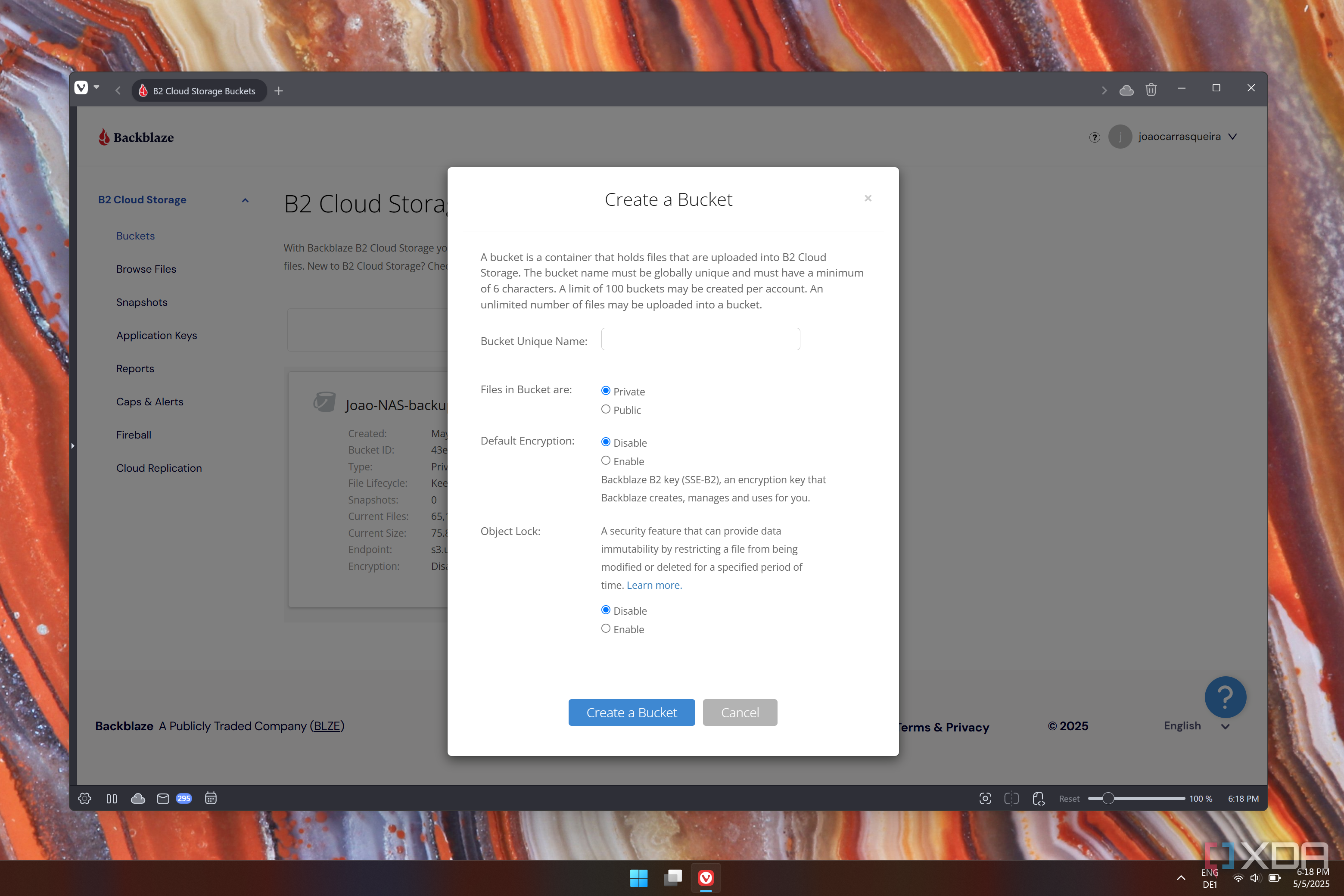 Screenshot of Backblaze when creating a new B2 bucket