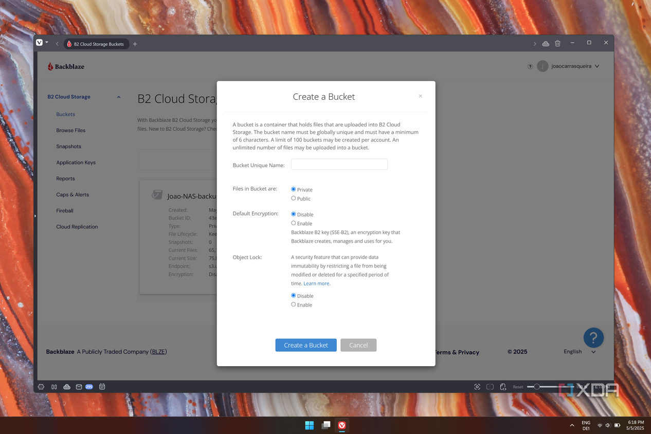 Screenshot of Backblaze when creating a new B2 bucket