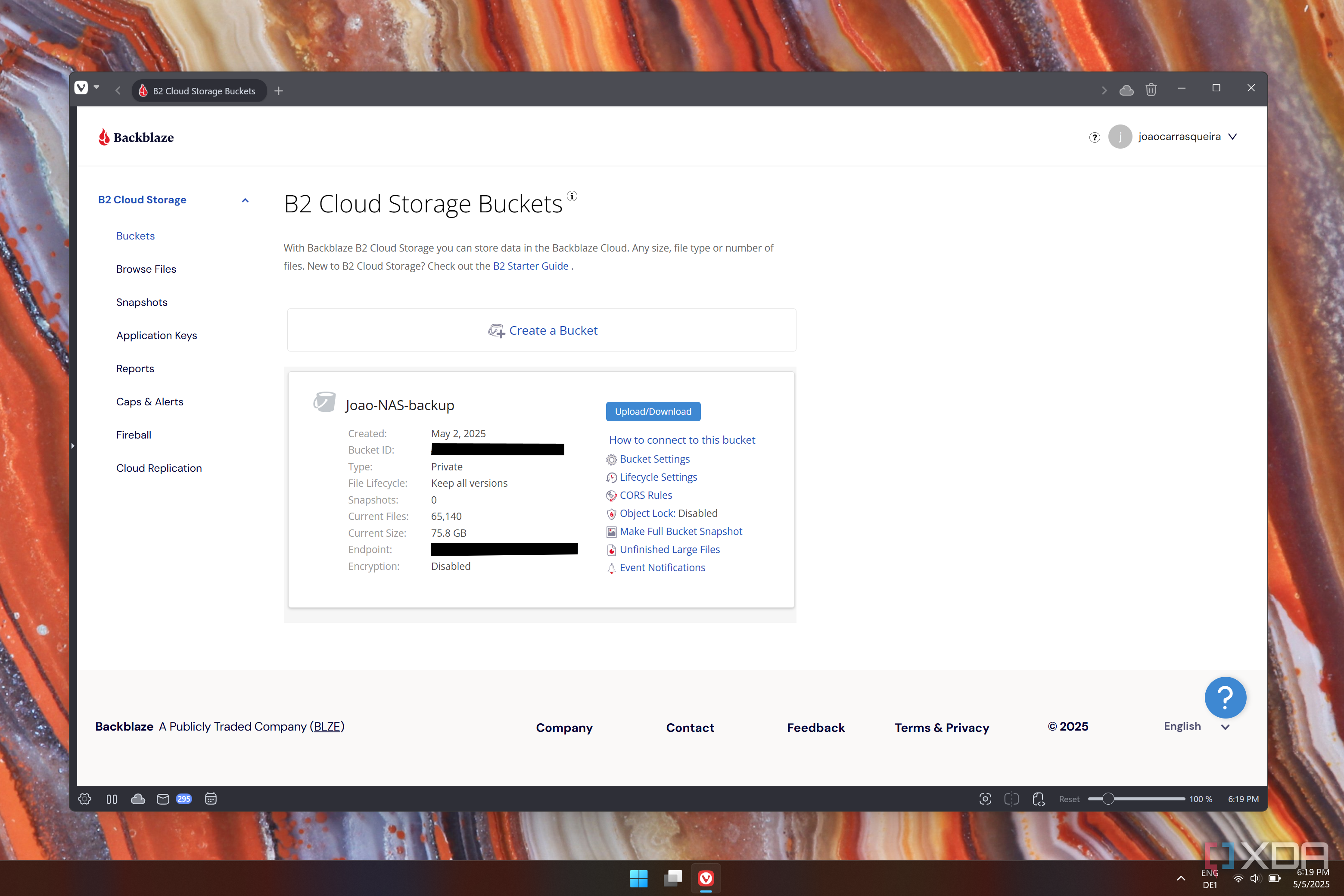 Screenshot of Backblaze showing a bucket with a large number of files stored inside