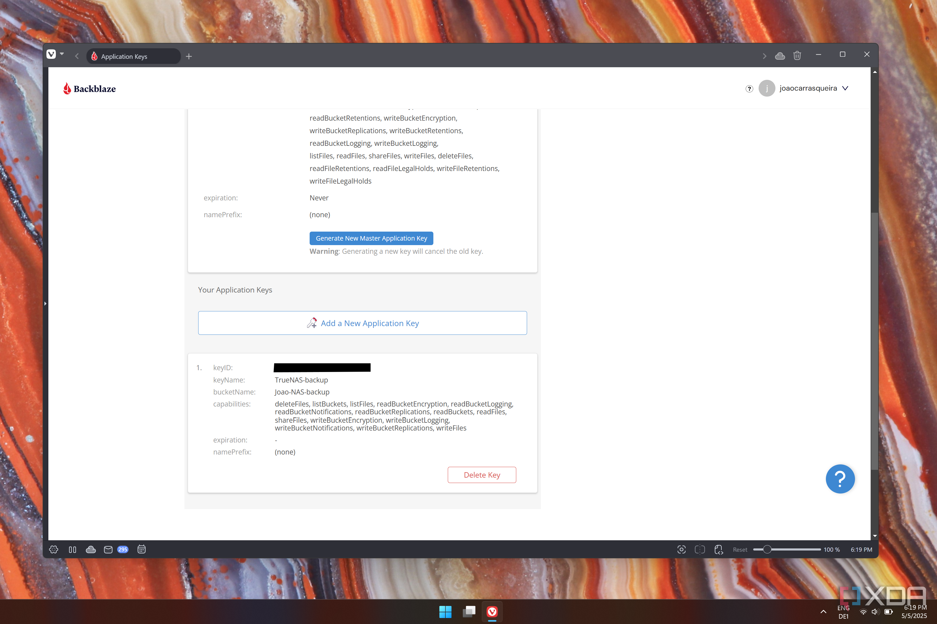 Screenshot of the Application keys page in Backblaze