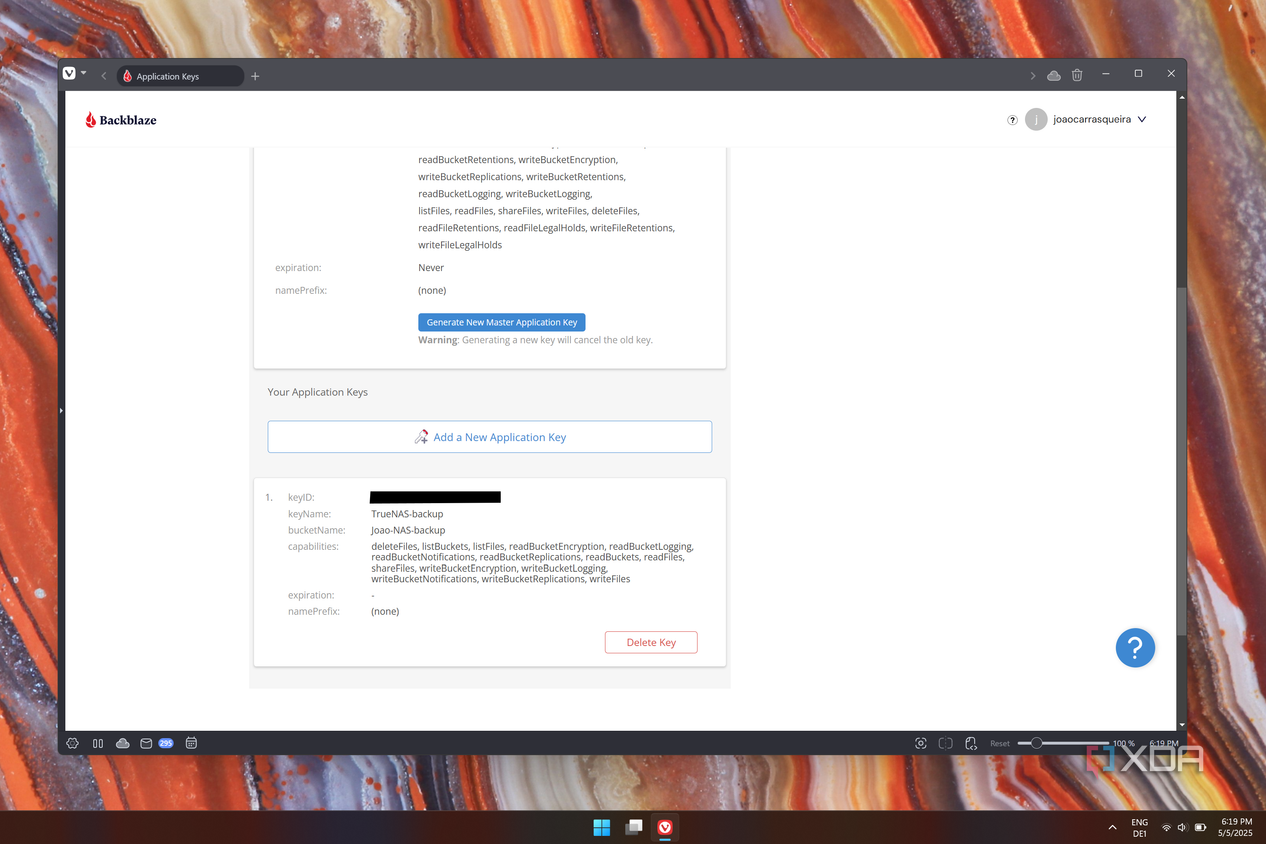 Screenshot of the Application keys page in Backblaze