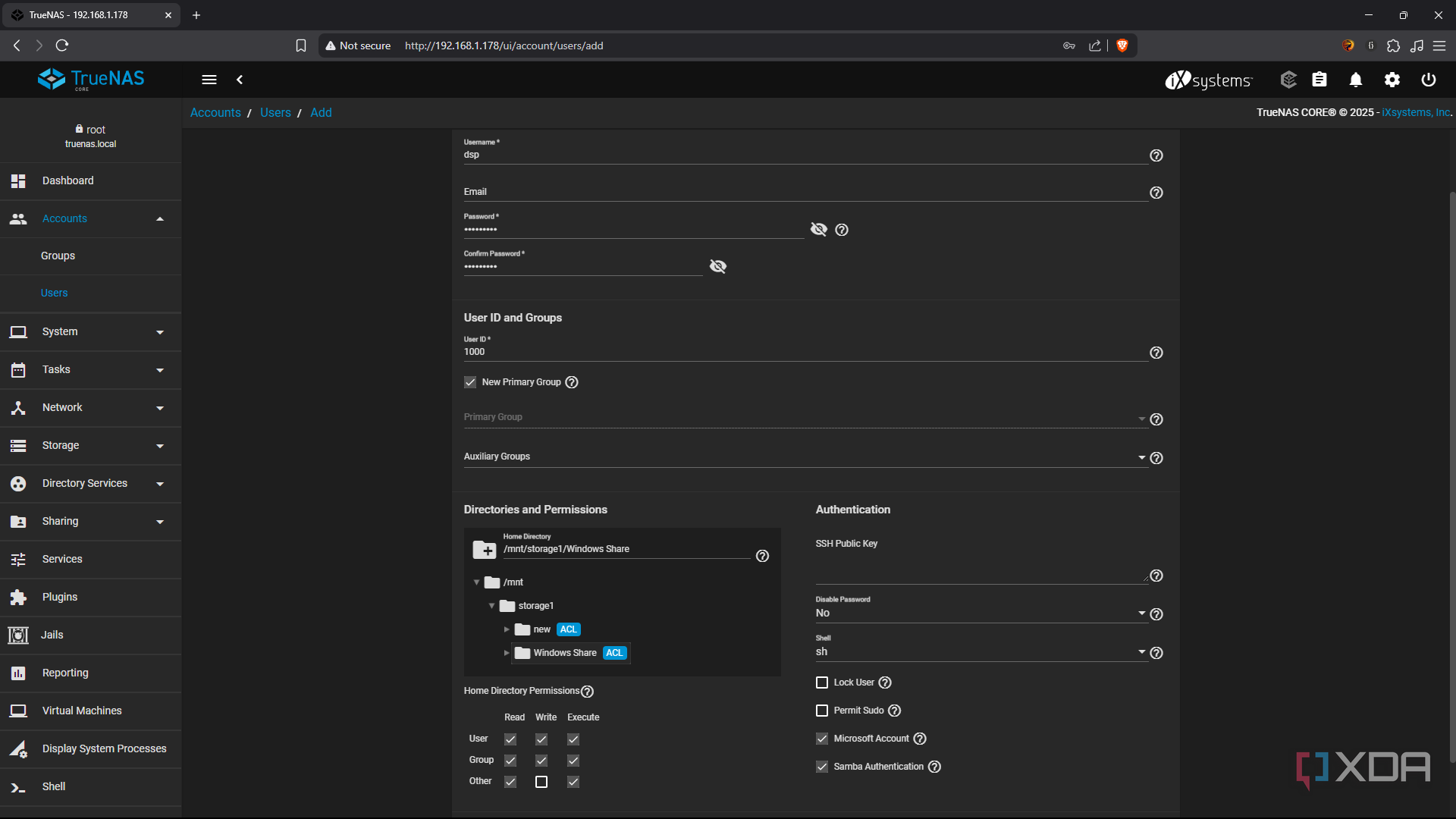 TrueNAS configure new user