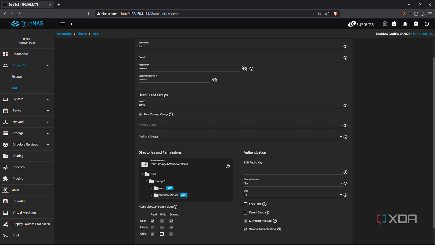 TrueNAS configure new user