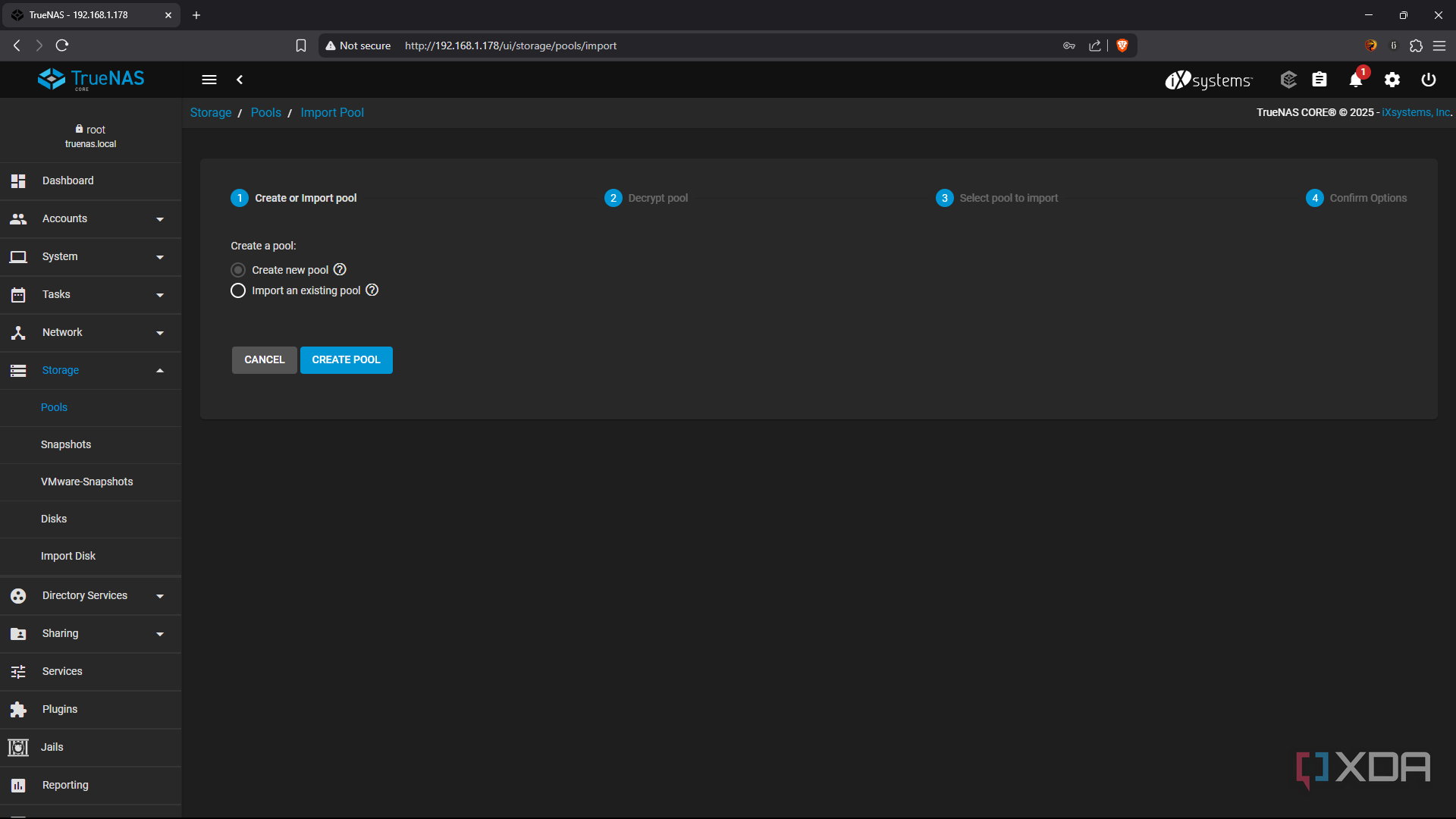 TrueNAS create pool